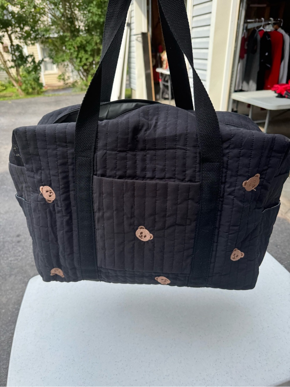 Black Quilted Diaper Bag Tote with Bear Embroidery - Insulated bottle pockets